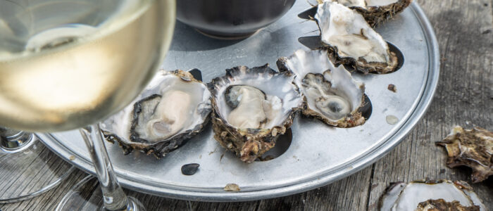 Freshly caught oysters sitting on top of a silver tray. In front of them sits a wine glass filled with white wine